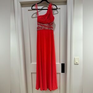Betsy & Adam One Shoulder Red Dress